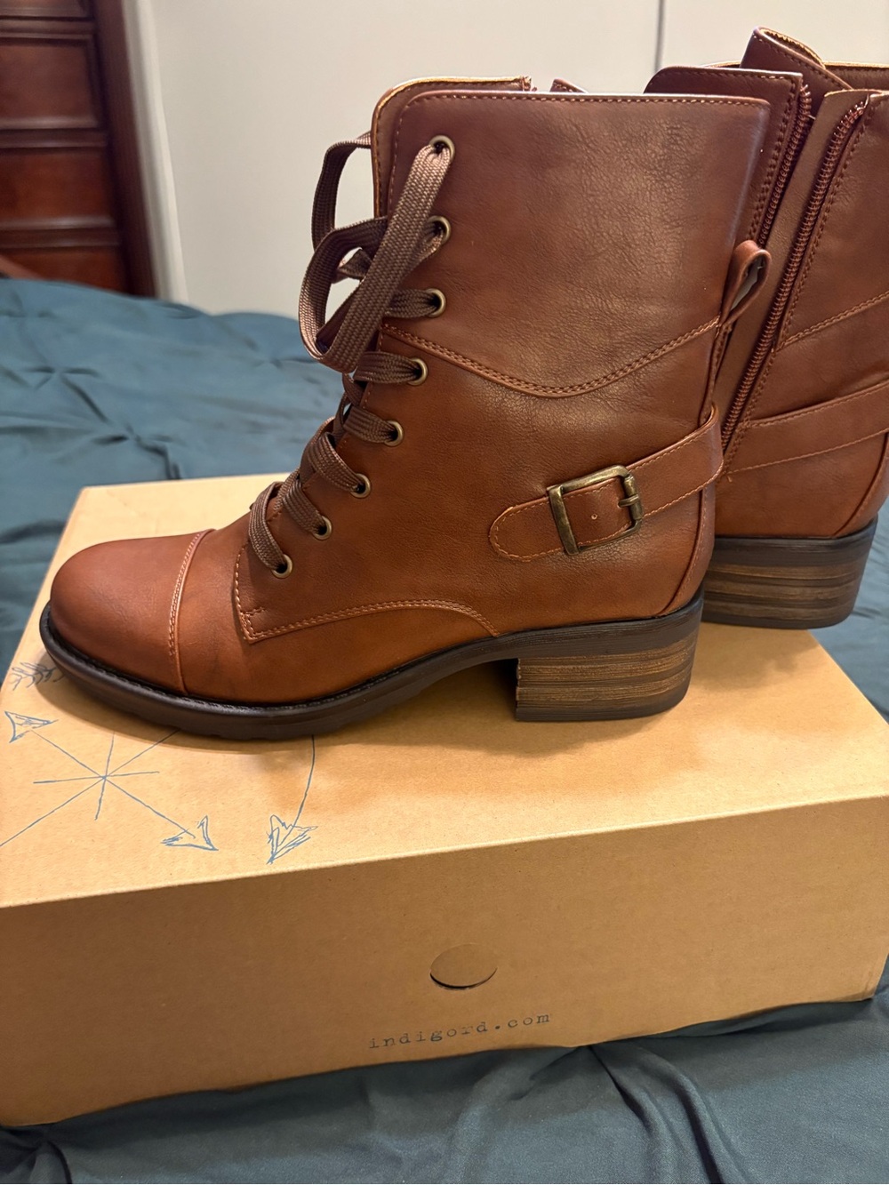 Indigo Cognac Brown Lace-Up Leather-Style Boots with Side Buckle - Picture 4 of 6